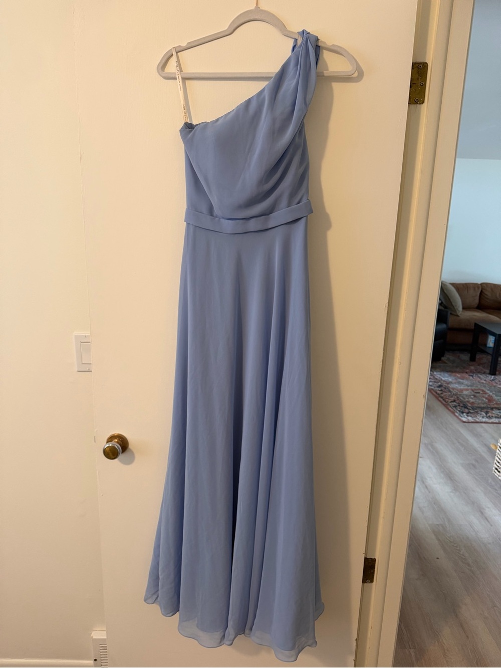 One-Shoulder Light Blue Chiffon Evening Dress